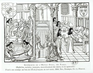 Interior do hospital do Hotel Dieu (xilogravura) de French School