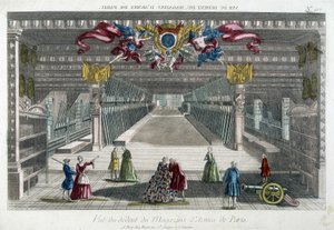 Interior da loja de armas de Paris (Arsenal de Paris) - gravura de French School
