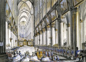 Vista interna de Notre-Dame de Paris, na chegada de Maria Antonieta (1755-1793), rainha da França, para assistir à famosa missa pelo nascimento de seu filho, o futuro Luís XVII (1785-1795). Gravura do século XVIII. de French School