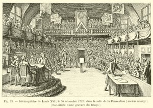 Exame de Luís XVI, 26 de dezembro de 1792, no Salão de Convenções, antigo manege, Fac-símile de uma gravura do tempo de French School