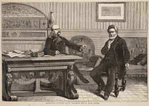 Entrevista entre o Conde Bismarck e o Sr. Jules Favre, em setembro de 1870, ilustração da História de Cassells da Guerra entre a França e a Alemanha, 1870-1871 de French School