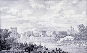 Paisagem italiana: o exército francês passou o rio Mincio para Borghetto em 1796. Desenho anónimo. Paris, Museu do Louvre de French School