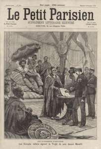 Enviados italianos assinam o tratado de paz para pôr fim à Primeira Guerra Ítalo-Etiópia antes do Imperador Menelik II da Etiópia de French School