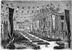 Unificação italiana, Turim, 2 de Abril de 1860: decoração da praça do castelo (Piazza Castello), por ocasião da abertura do parlamento italiano. Gravura no "Le Monde Illustré" n°157 de 14 de Abril de 1860. de French School