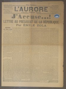 Carta de Jusa por Emile Zola (1840-1902), publicada em LAurore, 13 de janeiro de 1898 (impressão) de French School