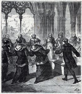 JEAN ANTOINE NOLLET (1700-1770) deu uma concussão eléctrica aos religiosos de um convento em Carthusian - Gravura em "Ciências levadas ao alcance de todos - física e química" por Alexis Clerc - Final do século XIX - Colecção privada de French School