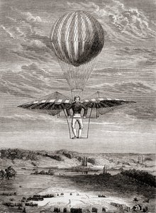 Ornitóptero de Jacob Degen, de 1808, com válvulas de flap, em que o piloto se apoiava numa estrutura rígida e accionava as asas com uma barra horizontal móvel, de "Les Merveilles de la Science", publicado por volta de 1870 (litografia) de French School