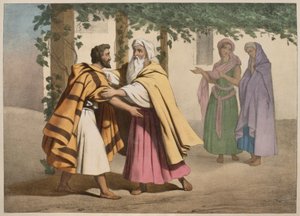 Jacó com Labão e suas filhas, ilustração de um catecismo LHistoire Sainte, publicado por Charles Delagrave, Paris, final do século XIX de French School
