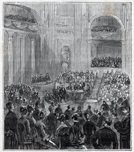 Jacques Babinet (1794 - 1872), físico e astrônomo francês na reunião solene das cinco Academias em 1840 - Gravura em "Ciências trazidas ao alcance de todos - física e química" por Alexis Clerc - Fim do século XIX. Coleção particular. de French School