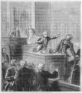James Price (1752-1783) envenenou-se (ácido prússico) durante a assembleia da Royal Society. Gravura em "Ciências disponibilizadas a todos - física e química" por Alexis Clerc - Fim do século XIX. Coleção privada. de French School