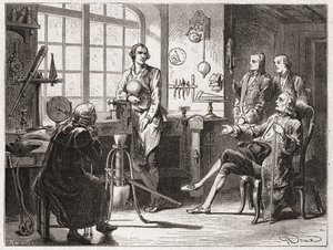 James Watt (inventor da máquina a vapor em 1769) na sua loja Glascow - no "Album of Science; illustrious scientists; Great discovery" 1896. de French School