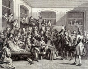 Jansenismo: os convulsionários do cemitério Saint-Médard no túmulo do diácono Parîs (1690 - 1727) onde ocorreram "milagres". Impressão do século XVIII. de French School