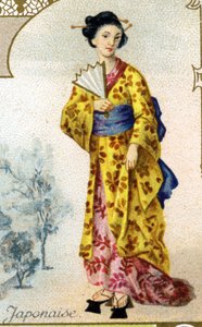 mulher japonesa . Edição da litografia parisiense, final do século XIX. Série de 25 cromos publicitários para a fabricação Dijon de Biscoitos Pernot, criada em 1869. Detalhe dos personagens em traje tradicional. de French School