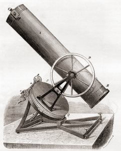 O espelho de Jean Bernard Léon Foucault reflectindo o telescópio num monte equatorial, depois de um desenho do século XIX, de Les Merveilles de la Science, publicado c.1870 (gravura) de French School