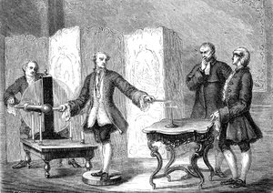 Jean JALLABERT (1712-1768), físico suíço, descobre a eletricidade em objectos pontiagudos (Power of the Pointe de FRANKLIN). gravura de 1867 de French School