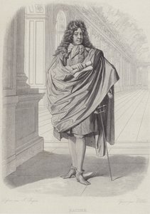 Jean Racine, dramaturgo francês, no Salão dos Espelhos em Versalhes (gravura) de French School