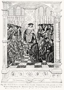 Jean le Feron (1504-70) apresenta uma de suas obras para o rei Henrique II (1519-89) de Blason dArmoires, de Jean le Feron, ilustração da ciência e literatura na Idade Média e da Renascença. de French School