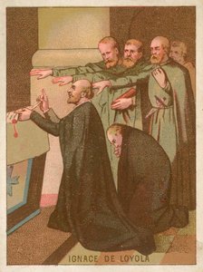 Padre jesuíta Santo Inácio de Loyola ajoelhado em um altar de French School