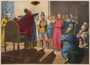Jesus Cristo diante de Caifás, ilustração de um catecismo LHistoire Sainte, publicado por Charles Delagrave, Paris, final do século XIX
