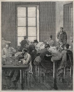 Oficina de jóias em Paris, no século XIX. Gravura de 1885 em "Les arts et metiers illustres" de Adolphe BITARD. de French School