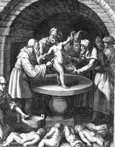 Judeus sacrificando uma criança cristã na França em 1180 de French School