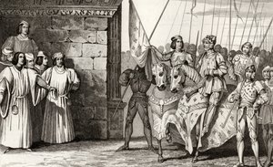 Joana d&39;Arc (1412-31) chega a Reims em 1429 para assistir à coroação de Carlos VII (1403-61) de &39;Histoire de France&39; de Colart, publicada em 1840. de French School