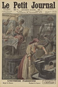Trabalhos efectuados pelas trabalhadoras parisienses antes e durante a Primeira Guerra Mundial (litografia a cores) de French School