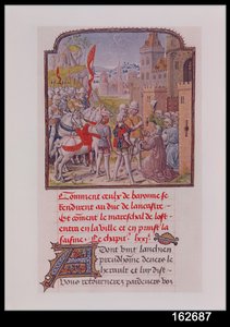 John de Gaunt sendo recebido pelos cidadãos de Bayonne nos portões da cidade, desde Froissarts Chronicle, no final do século XV de French School
