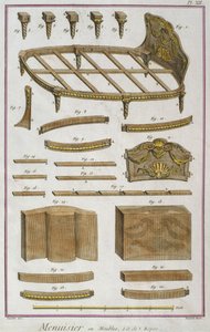 Marceneiro, um sofá, ilustração da enciclopédia de Ciências e Metiers por Denis Diderot (1713-84) gravado por Robert Benard (fl.1734) publicado c.1770 (gravura a cor) de French School