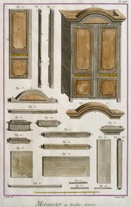 Marceneiro, um armário, ilustração da enciclopédia de Ciências e Metiers por Denis Diderot (1713-84) gravado por Robert Benard (fl.1734) publicado c.1770 (gravura a cor) de French School