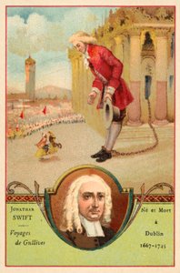 Jonathan Swift, autor irlandês, e uma cena do seu romance Viagens de Gulliver (chromolitho) de French School