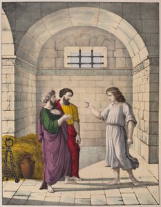 Joseph na prisão, explicando os sonhos do padeiro chefe e o mordomo chefe, ilustração de um catecismo LHistoire Sainte, publicado por Charles Delagrave, Paris, final do século XIX de French School