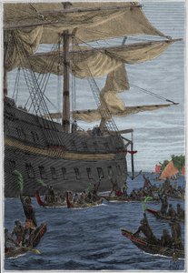 Viagem de Samuel Wallis (1728-1795) à Polinésia: povos indígenas com ramos de banana na mão como uma saudação de boas-vindas - ilustração retirada de "Os Grandes Marinheiros do século XVIII". de French School