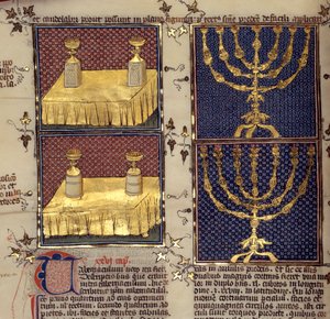 Judaísmo: "tabelas de propostas e castiçais usados nos ritos hebraicos" Miniatura extraída de "Comentários da Bíblia" de Nicholas de la Lyra (século XIII) de French School