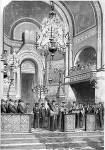 Judaísmo : Recepção solene do rabino chefe de Paris, Zadoc Kahn (1839-1905), na sinagoga da rua Notre Dame de Nazareth, no dia 13 de janeiro de 1869. O Rabino Chefe entoa a "Oração pelo Imperador". Gravura em "Le Monde Illustre" n°615 de 23 ja de French School