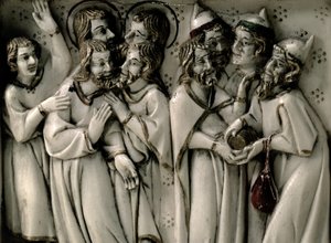 Judas recebendo trinta moedas de prata, detalhe de díptico de marfim, francês de French School