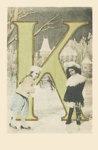 K: Duas meninas, deslizando e patinando no gelo no inverno de French School