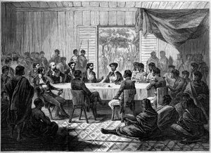 Kabar (reunião) de oficiais franceses e chefes malgaxes representando a Rainha Ranavalo Manjaka I (Ranavalona). Madagáscar de French School