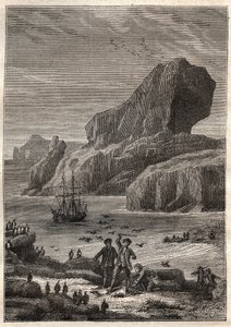 Ilhas Kerguelen. Ilustração para Os Grandes Navegadores do Século XVIII de Jules Verne - James Cook aux Iles de Kerguelen em 1776 (arquipélago de Kerguelen ou Iles de la Desolation) - em "Os Viajantes dos Séculos XVIII e XIX - ilustração de French School