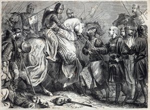 O rei Afonso V, o Magnânimo (v. 1396-1458), rei de Aragão, consuma o reino de Nápoles. Gravação em "História dos Papas (...) Crimes da Rainha Rei e Imperadores através dos séculos" por Maurice Lachatre de French School
