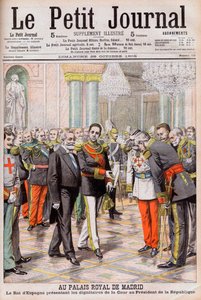 O Rei Alfonso XIII de Espanha apresenta a sua corte ao Presidente Emile Loubet de França no Palácio Real, em Madrid. No Palácio Real de Madrid. O Rei de Espanha Alfonso XIII apresenta os dignitários da Corte ao Presidente da República Loubet de French School
