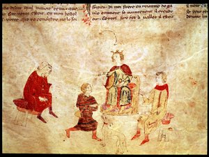 Rei Arthur em seu trono cercado por seus conselheiros, do Romano de Meliádus de French School