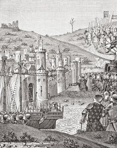 O rei Carlos VII, ao deixar Rouen, parte para sitiar a cidade de Harfleur, após uma miniatura do manuscrito do século XV Chroniques de Monstrelet, de Science and Literature in The Middle Ages, de Paul Lacroix pub. Londres, 1878 de French School