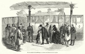 Rei Louis-Philippe da França chegando à estação ferroviária de Croydon depois de ser forçado ao exílio, fevereiro de 1848 (gravura) de French School