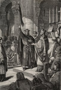 O rei Luís VII (1120-1180) toma a chama oriunda da Basílica de Saint Denis (Saint Denis) na presença da rainha Alienor da Aquitânia e recebe das mãos do Papa Eugénio III (? -1153) o abelhão e o pannetière da pelerina, antes da sua partida de French School