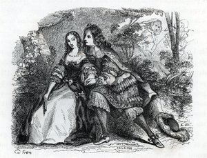 Rei Luís XIV (1638-1715) e sua amante Louise de La Valliere (1644-1710) - (gravura) 1846 de French School