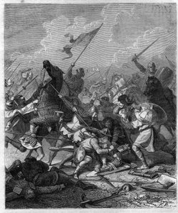O rei Othon I da Germânia, disse o Grande (912-973) surpreendido com os rebeldes em Roma. Gravura no "Histoire des Papes-Rois-Queen and Empereurs a travessa les centuries" de Maurice Lachatre de French School
