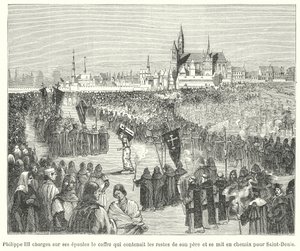 O Rei Filipe III de França levando os ossos de seu pai, Luís IX, ao seu enterro na Basílica de St. Denis, Paris de French School