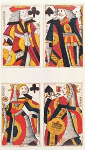 Rei e rainha jogando cartas (gravura em madeira colorida) de French School