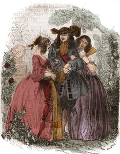 Rei da França Luís XIV (1638-1715) com Hortense Mancini (1646-1699) e sua irmã Marie Mancini (1639-1715). Peças de Mazarin. Gravura do século XIX. de French School